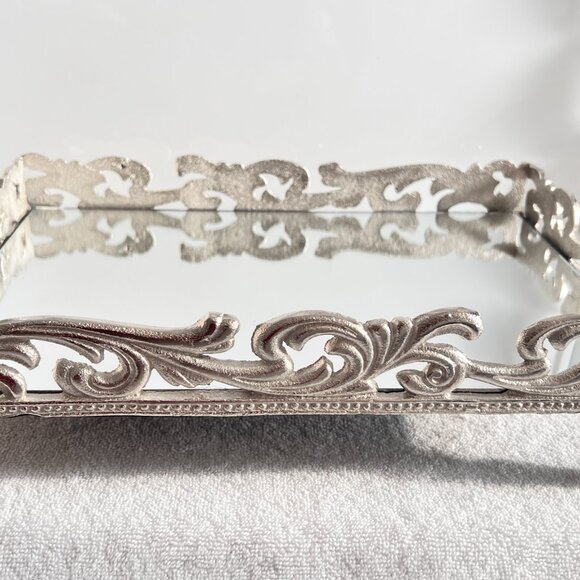 Footed Mirror Tray Silver Perfume Dresser Ornate Elegant 16" x 11" x 3.25" - Picture 5 of 15